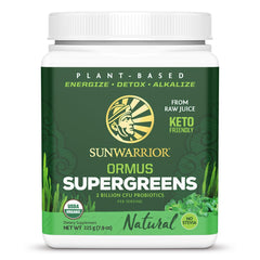 Sunwarrior Ormus Greens tub front view for easy daily greens boost.