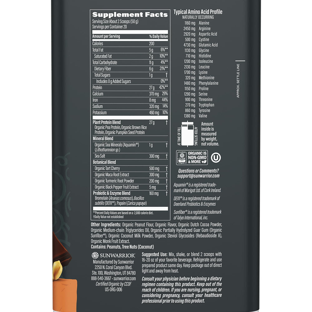 Sunwarrior protein powder ingredients with probiotics and digestive enzymes for easier digestion.