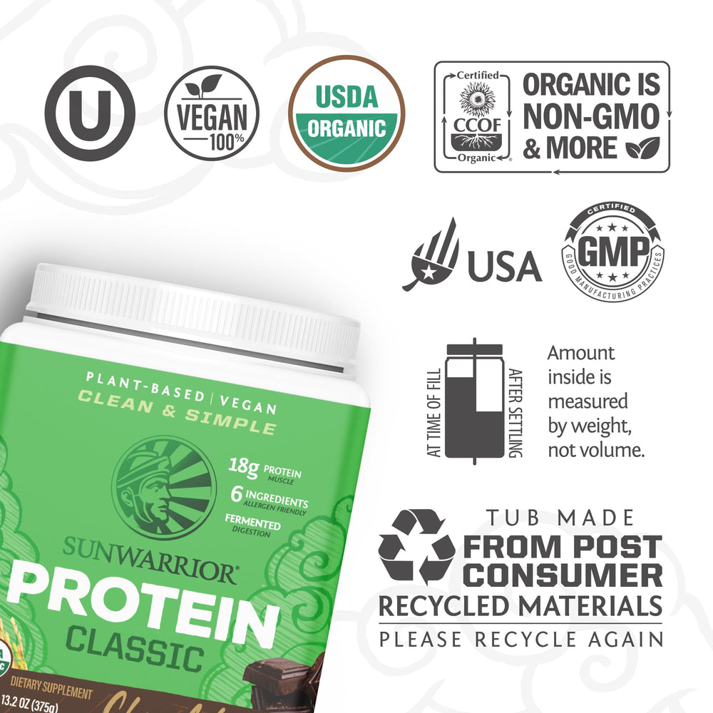 Sunwarrior protein shake in glass, creamy plant-based mix