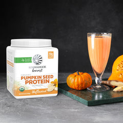 Sunwarrior pumpkin seed protein label emphasizes nutrition facts and organic promise
