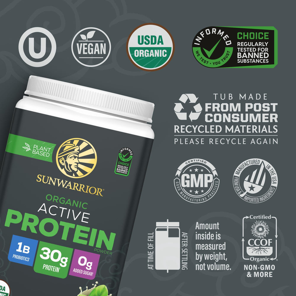 Sunwarrior rice pumpkin pea protein blend packaging highlights plant-based amino acids.