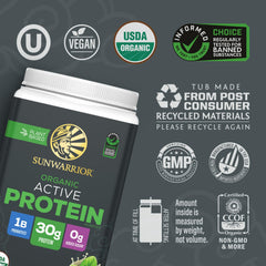Sunwarrior rice pumpkin pea protein blend packaging highlights plant-based amino acids.