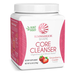 Sunwarrior Strawberry Cooler packaging shows plant-based prebiotic blend for digestion.