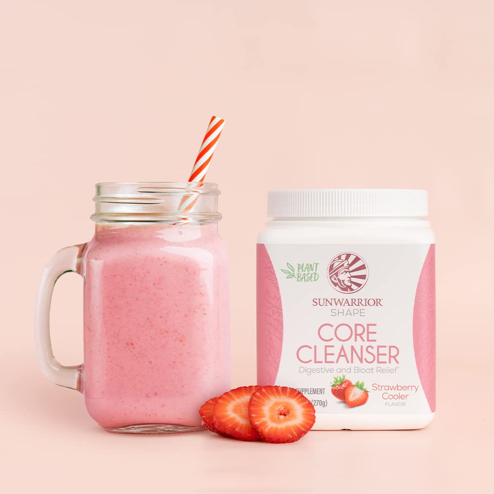Sunwarrior Strawberry Cooler serving idea shows quick mix with water.