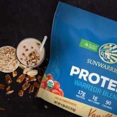 Sunwarrior Vanilla Organic Protein Powder in gym setup supporting active training.