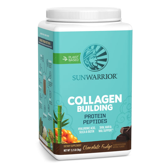 Sunwarrior vegan collagen powder chocolate tub showing a premium plant-based protein blend