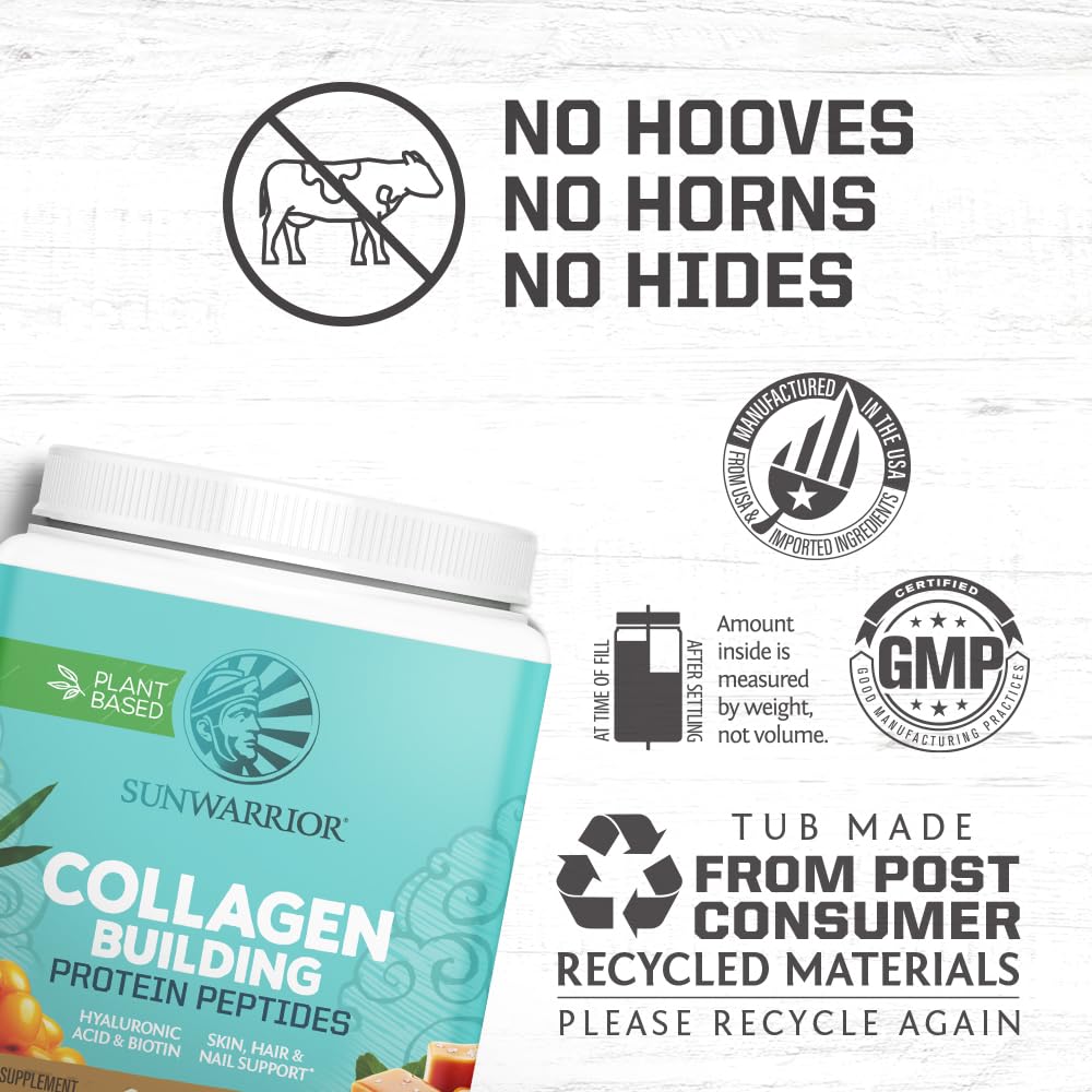 Sunwarrior vegan collagen powder ingredients label highlights organic greens and protein source.