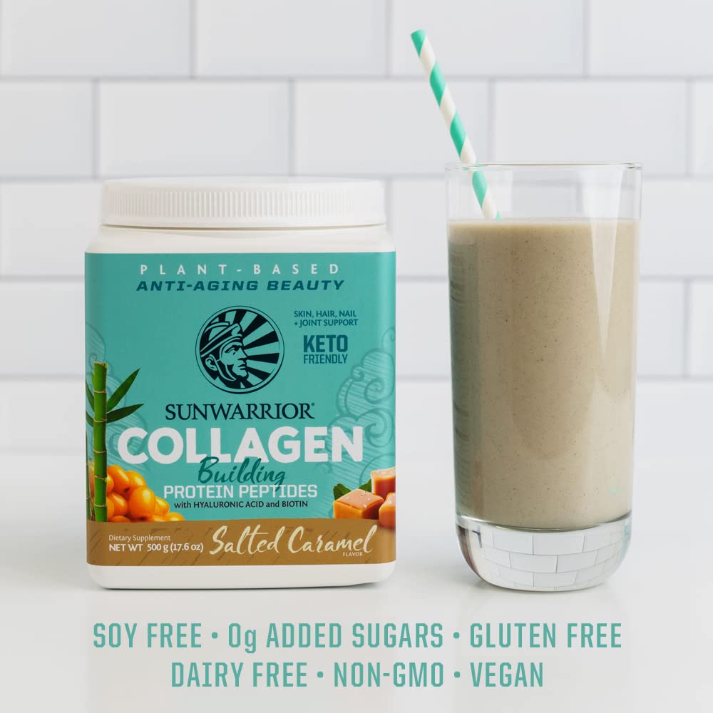 Sunwarrior vegan collagen powder salted caramel serve with beverage for a satisfying treat.
