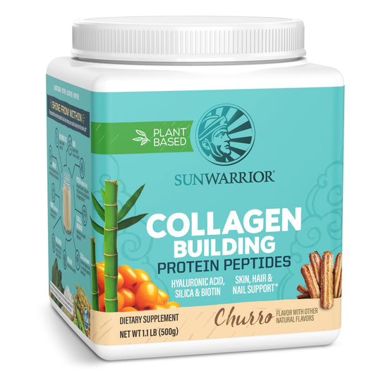 Sunwarrior vegan collagen powder tub with churro flavor for daily plant-based protein