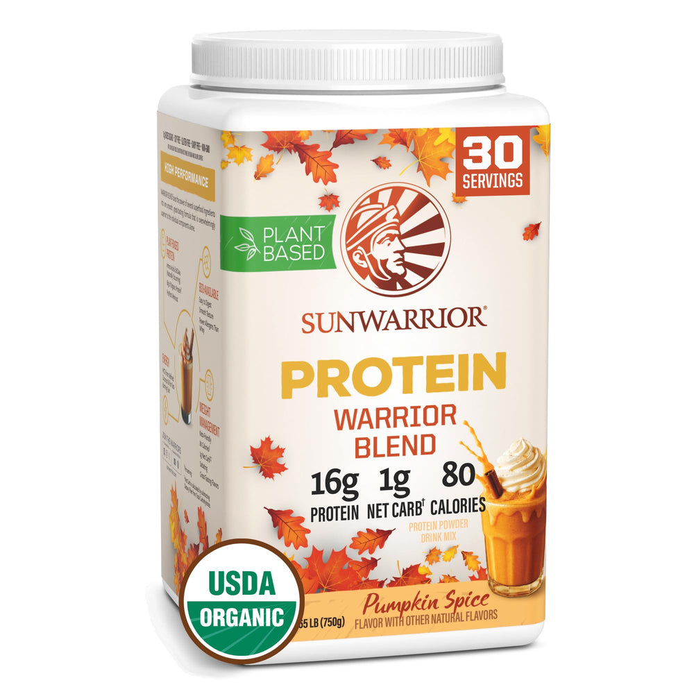 Sunwarrior Vegan Protein Pumpkin Spice tub highlights organic plant protein for muscle support
