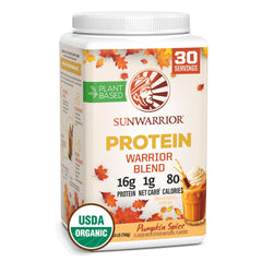 Sunwarrior Vegan Protein Pumpkin Spice tub highlights organic plant protein for muscle support