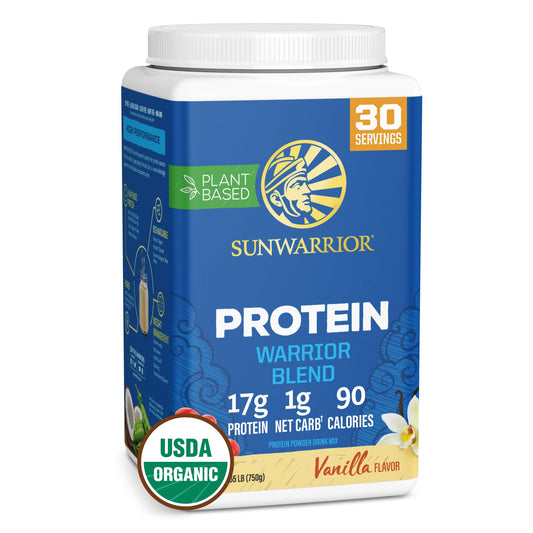 Sunwarrior Warrior Blend bottle close-up highlighting premium vegan protein.