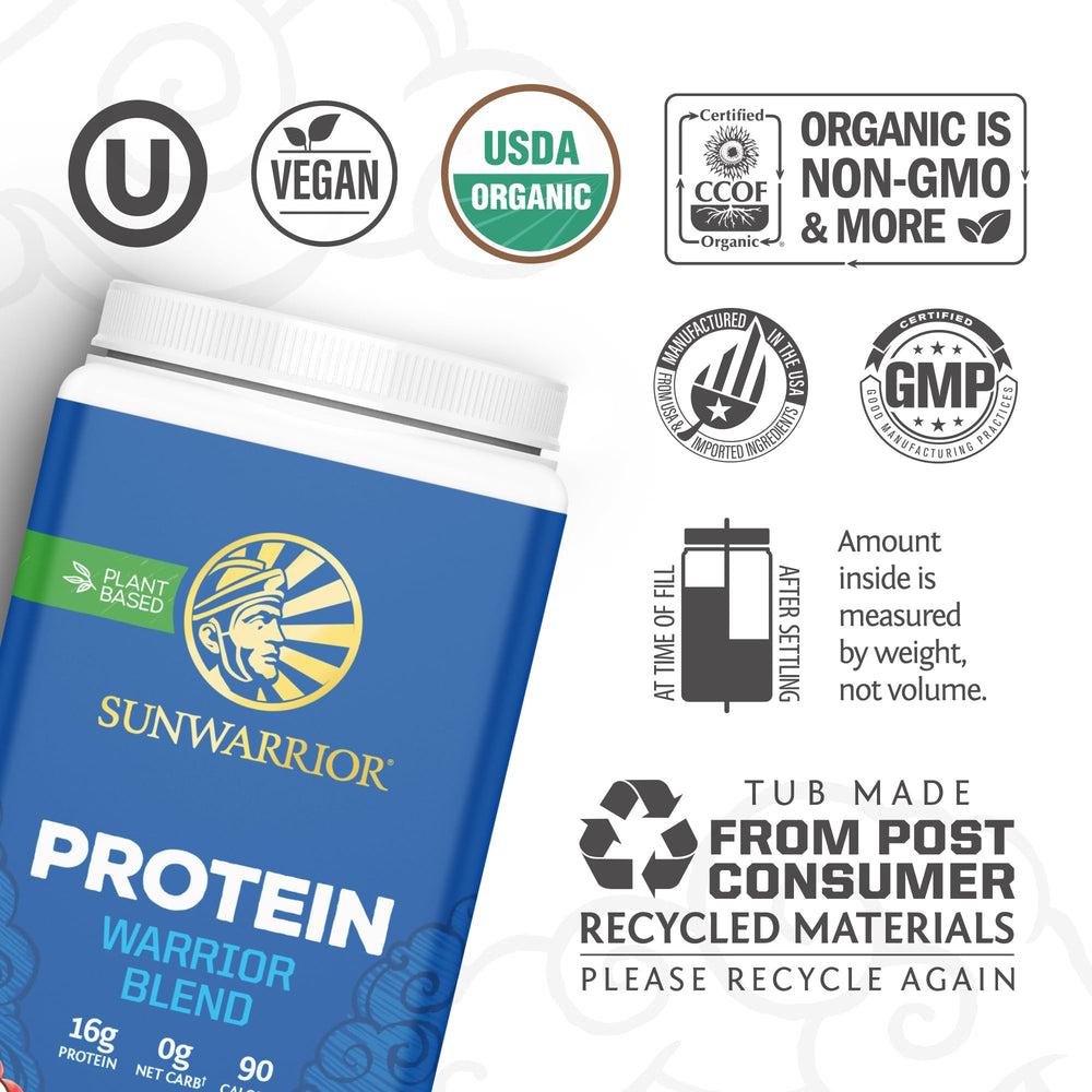 Sunwarrior Warrior Blend Mocha scoop beside ingredients emphasizing gluten-free, non-GMO formula.