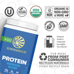 Sunwarrior Warrior Blend Mocha scoop beside ingredients emphasizing gluten-free, non-GMO formula.