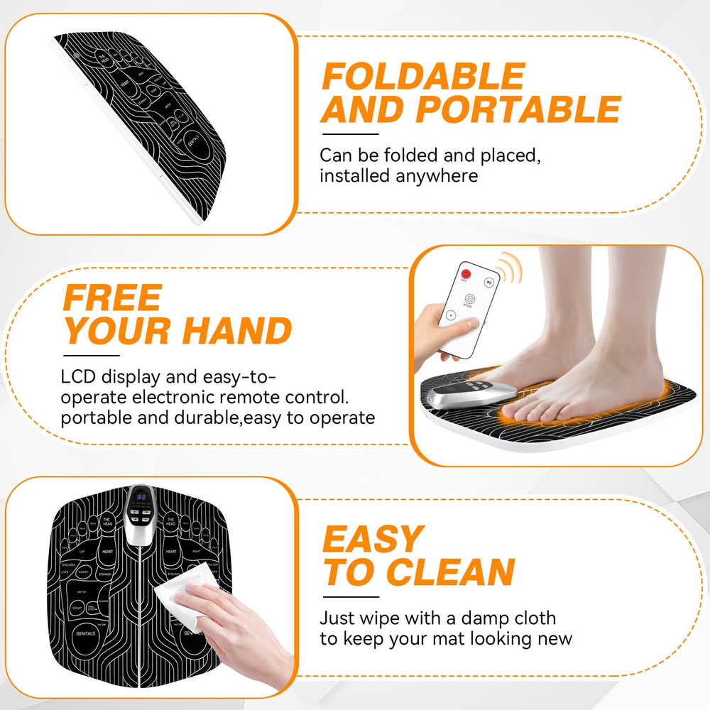 SUOIDOD EMS Foot Stimulator display demonstrates mode and intensity options for customizable sessions