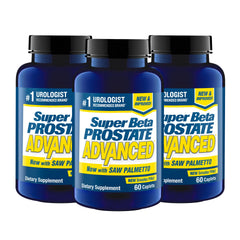 SUPER BETA PROSTATE Advanced bottle close-up highlights urinary support benefits.