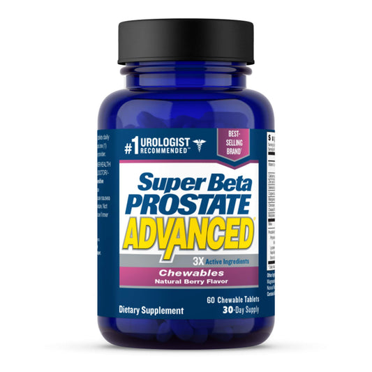 Super Beta Prostate Advanced bottle front, convenient daily chewables for men.