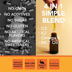 Super Natural Goods label and bottle on countertop highlights non-GMO, USA-made formulation