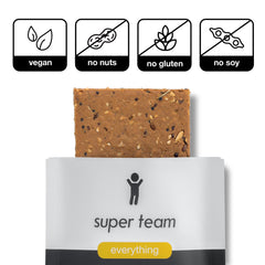 Super Team nutrition panel shows 18g protein and 7g fiber.