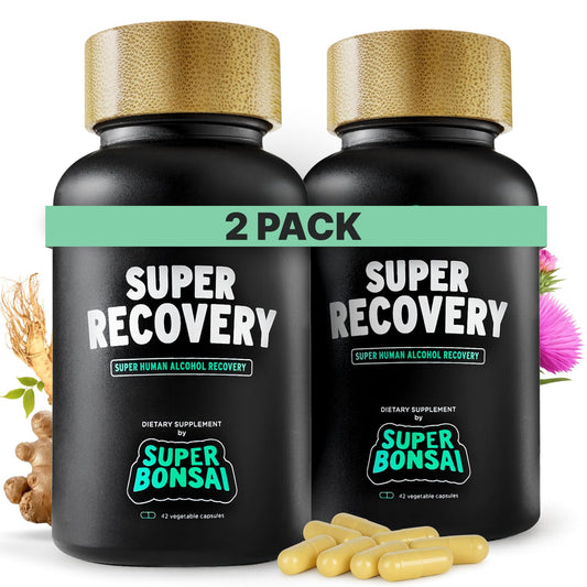 SuperBonsai Super Recovery bottle packshot—natural blend for post-celebration comfort.