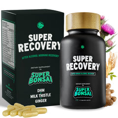 SuperBonsai Super Recovery bottle on kitchen counter supports post-celebration comfort.