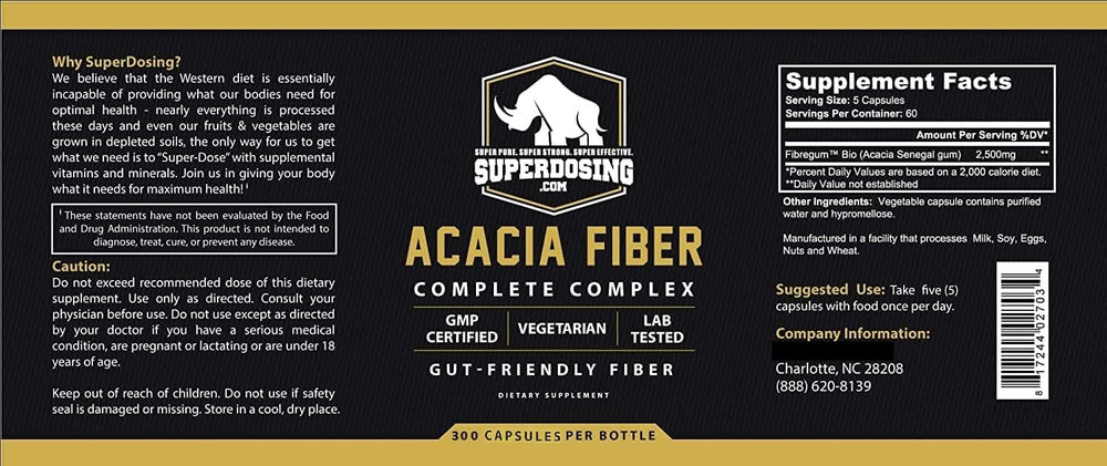 SuperDosing acacia capsules packaging shows ready-to-take fiber for daily routines.