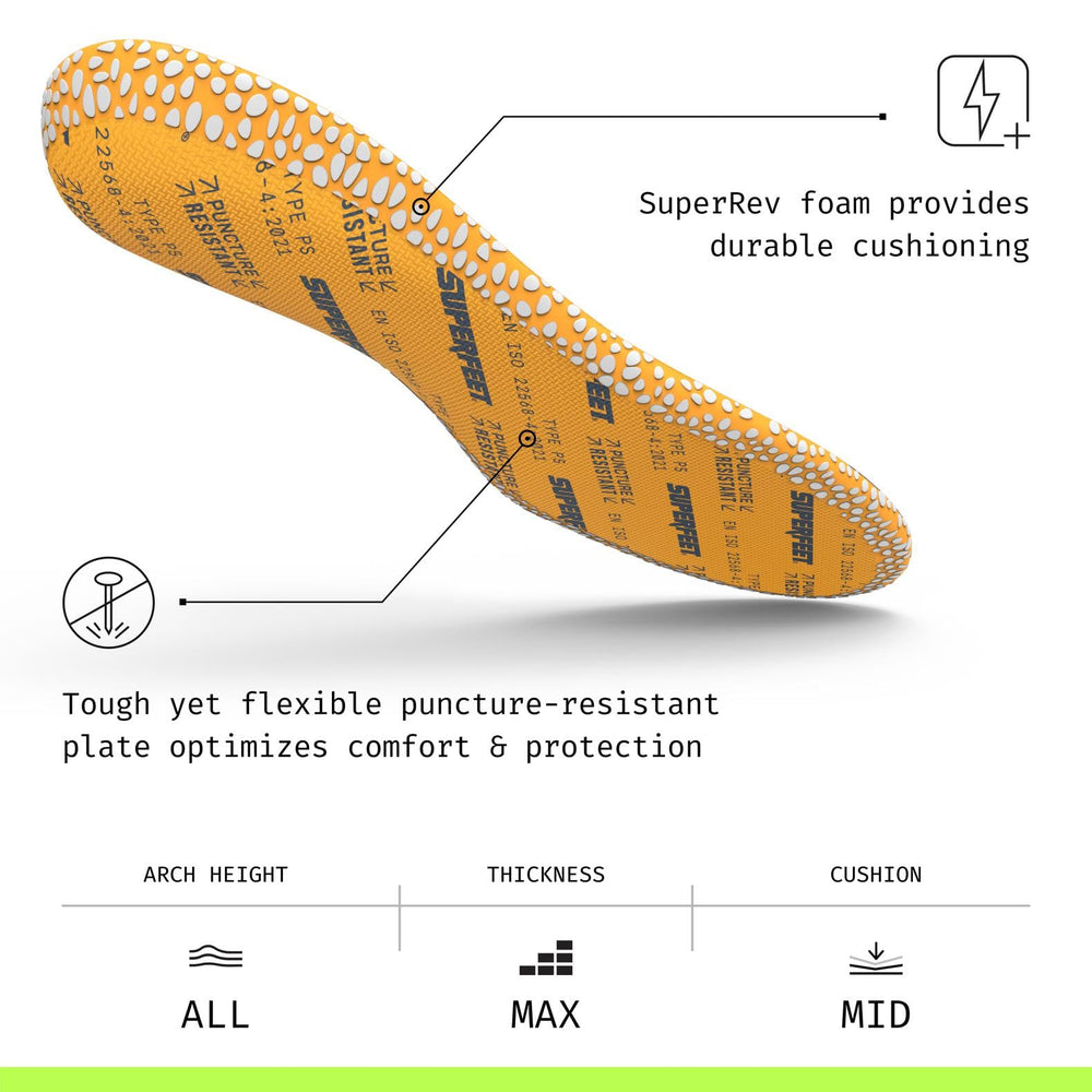 Superfeet Work SuperRev cushioning boosts shock absorption for long shifts and standing tasks.
