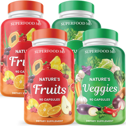 Superfood MD 180 fruit capsules bottle shows a convenient daily antioxidant blend