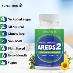 Desk setup with Superfood MD AREDS2 bottle suggesting daily routine