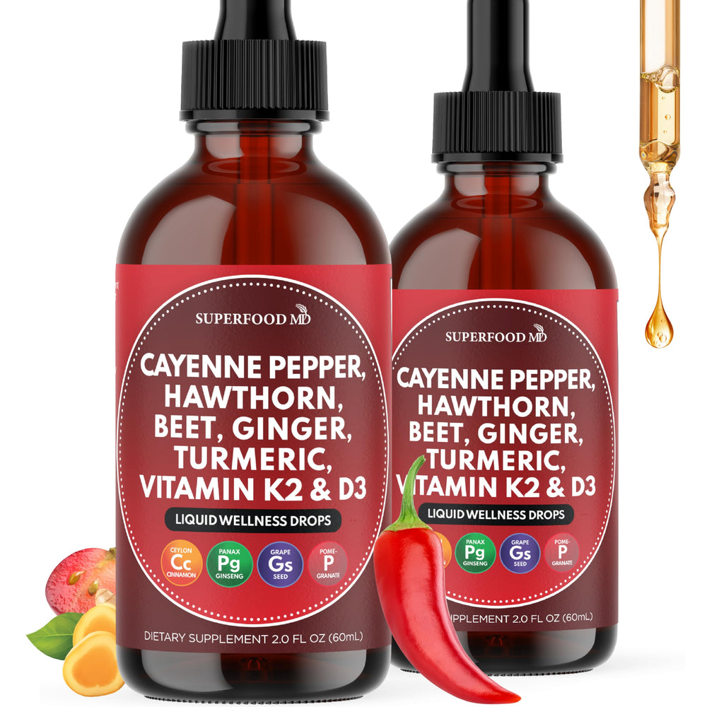 Superfood MD cayenne pepper liquid drops for daily wellness and vitality.