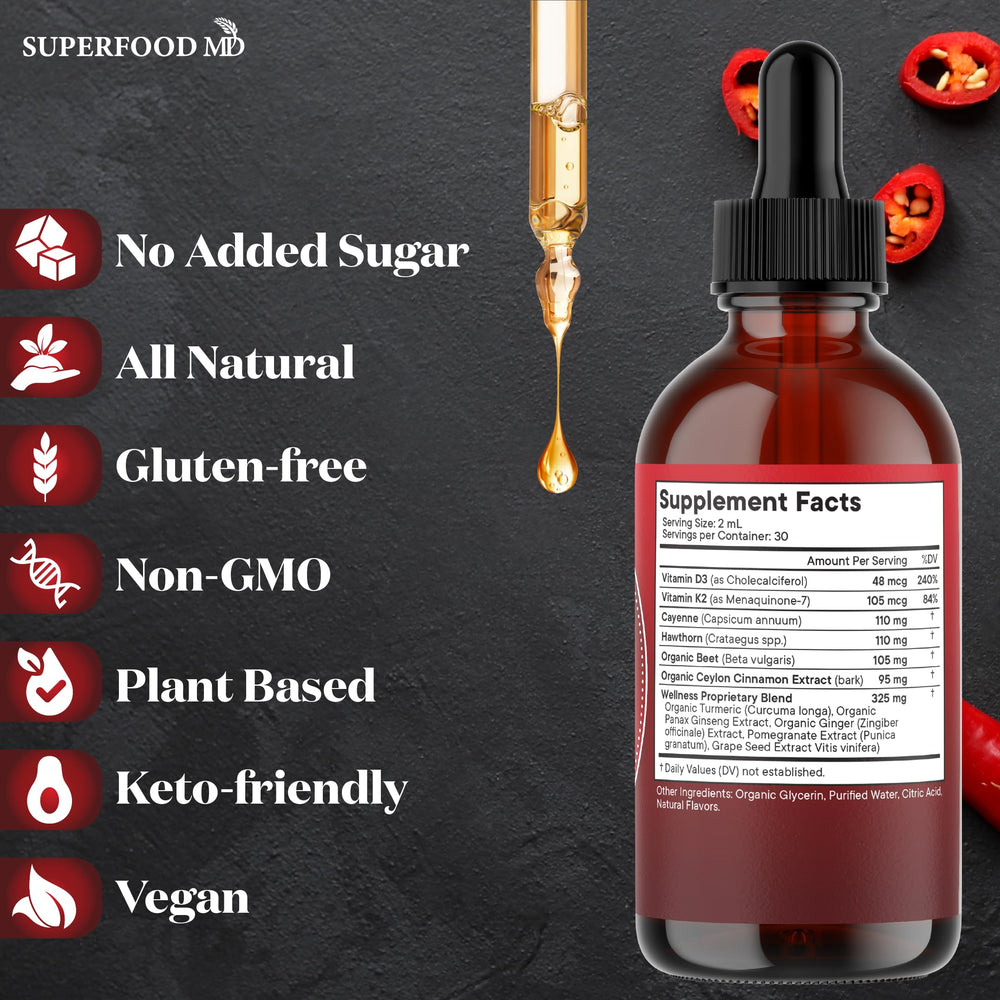 Superfood MD vitamin D3 K2 liquid for micronutrient support in daily routine.