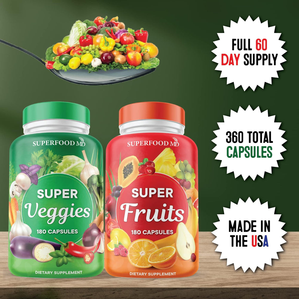 Superfood MD colorful graphics showing 30+ ingredients in the blend