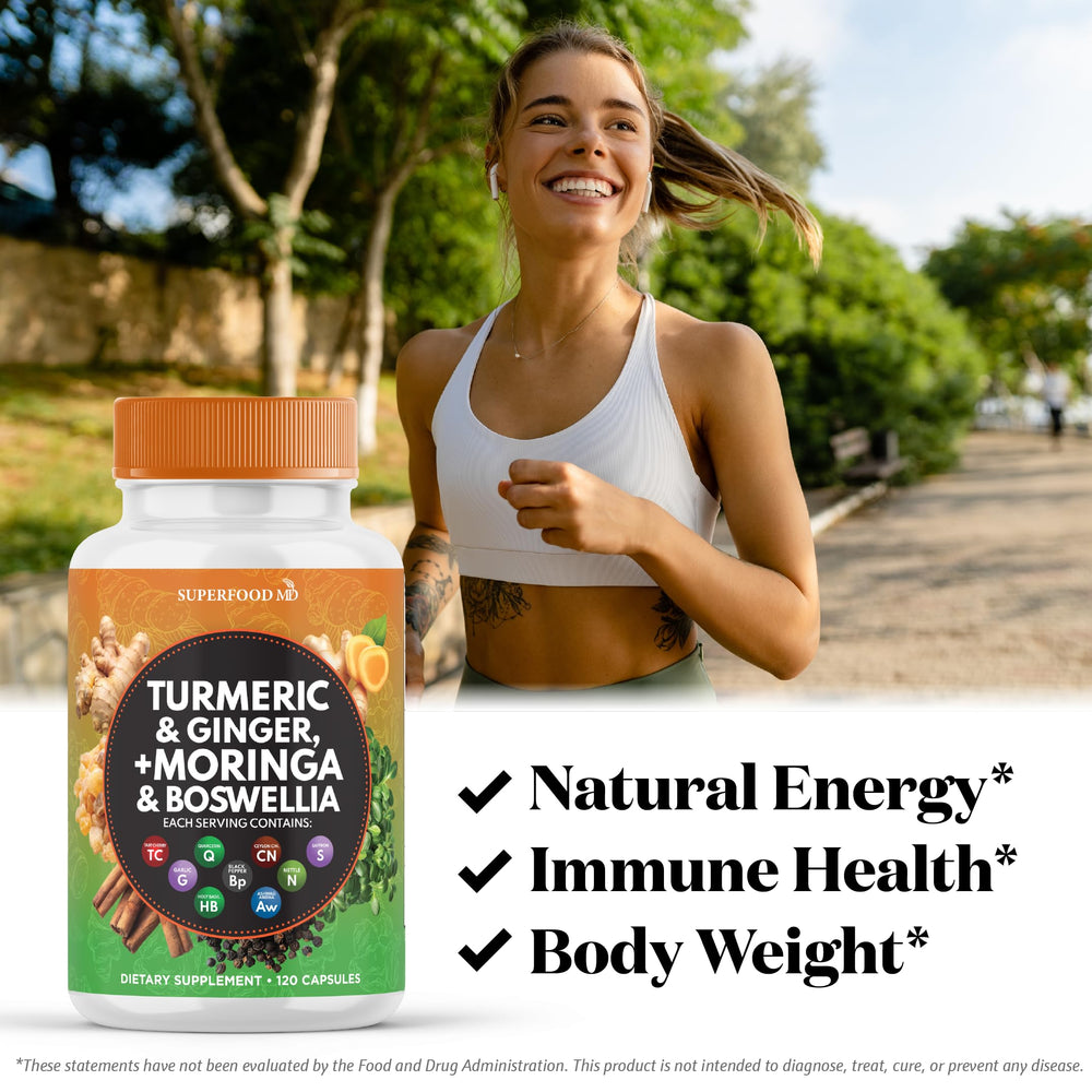 Superfood MD ginger root and turmeric capsules ideal for daily mobility