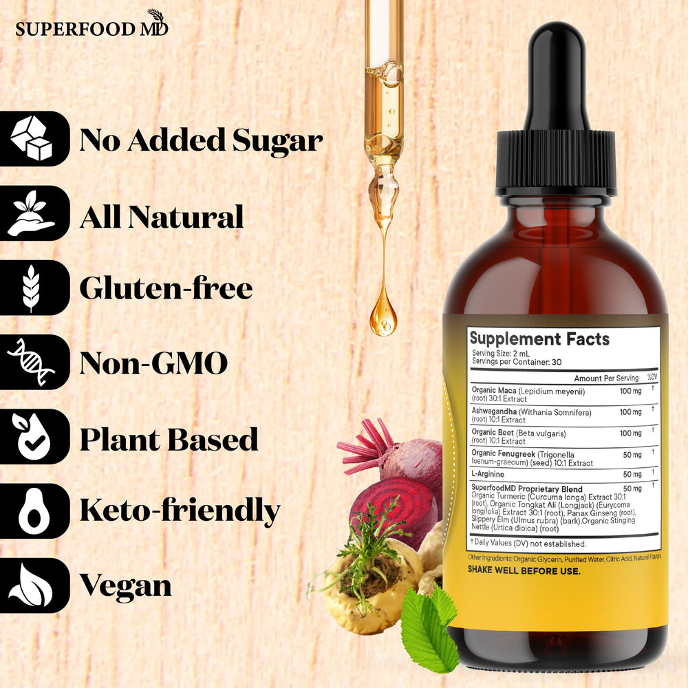 Superfood MD l-arginine drops bottle indicating amino acid nutrition support.