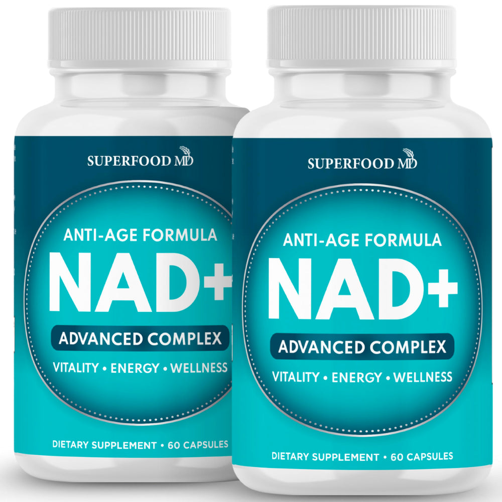 Superfood MD NAD+ liposomal bottle highlighting high absorption potential.