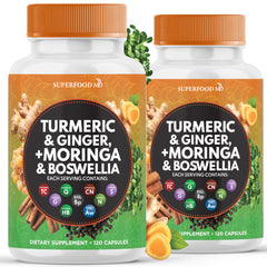Superfood MD turmeric-moringa bottle promotes antioxidant-rich daily wellness