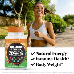 Packaging box shows all-in-one formula with turmeric, ginger, and moringa.