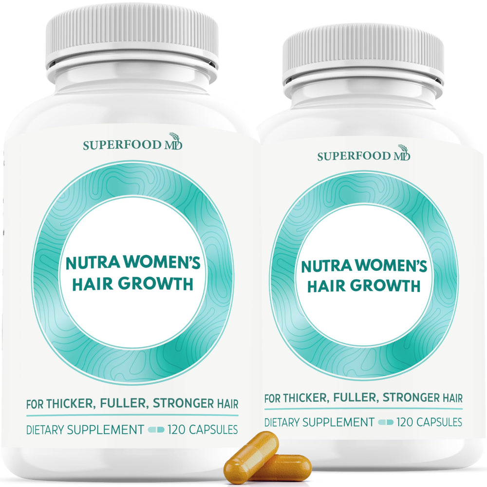 Superfood MD Women's Balance bottle close-up showing a 2-month supply for hair health.