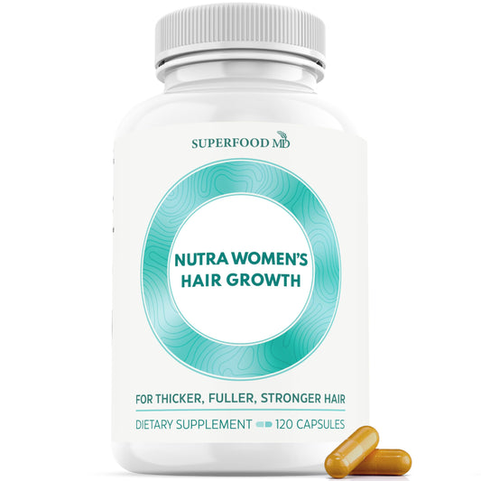 Superfood MD Women's Balance Hair Growth bottle showing easy daily use for hair health.