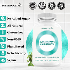 Reflection of a glass bottle of Superfood MD Women's Balance Hair Growth on a shelf, signaling quality.