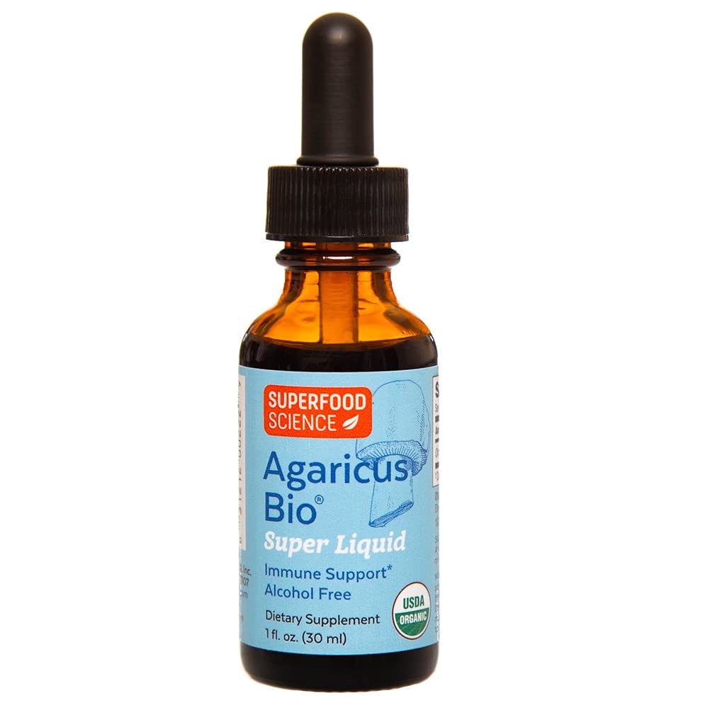 Superfood Science Agaricus Bio Super Liquid bottle label shows organic mushroom extract.