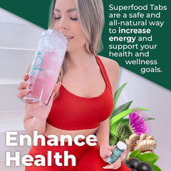 Superfood Tabs 60-tablets-count-front showing vegan, dairy-free wellness option.