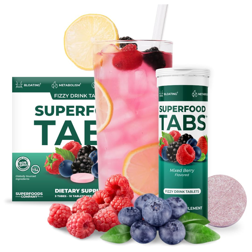 Daily serving ritual with Superfood Tabs shown as a simple wellness routine.