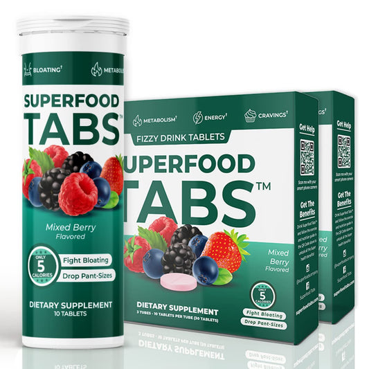 Superfood Tabs detox bottle with mixed berry flavor for a convenient daily cleanse.