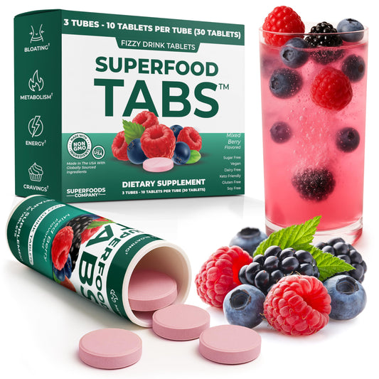 Superfood Tabs detox cleanse bottle shown for daily digestive support and flavor.