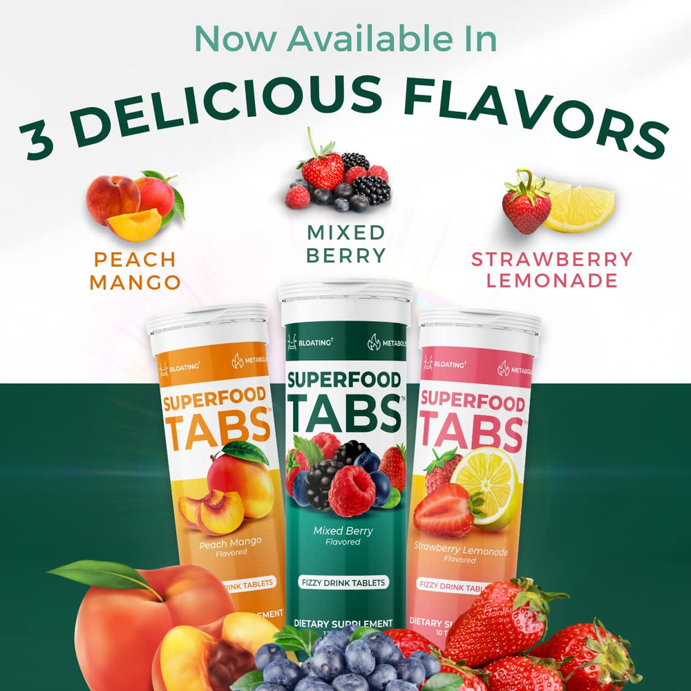 Superfood Tabs packaging and nutrition panel highlighting ingredients.
