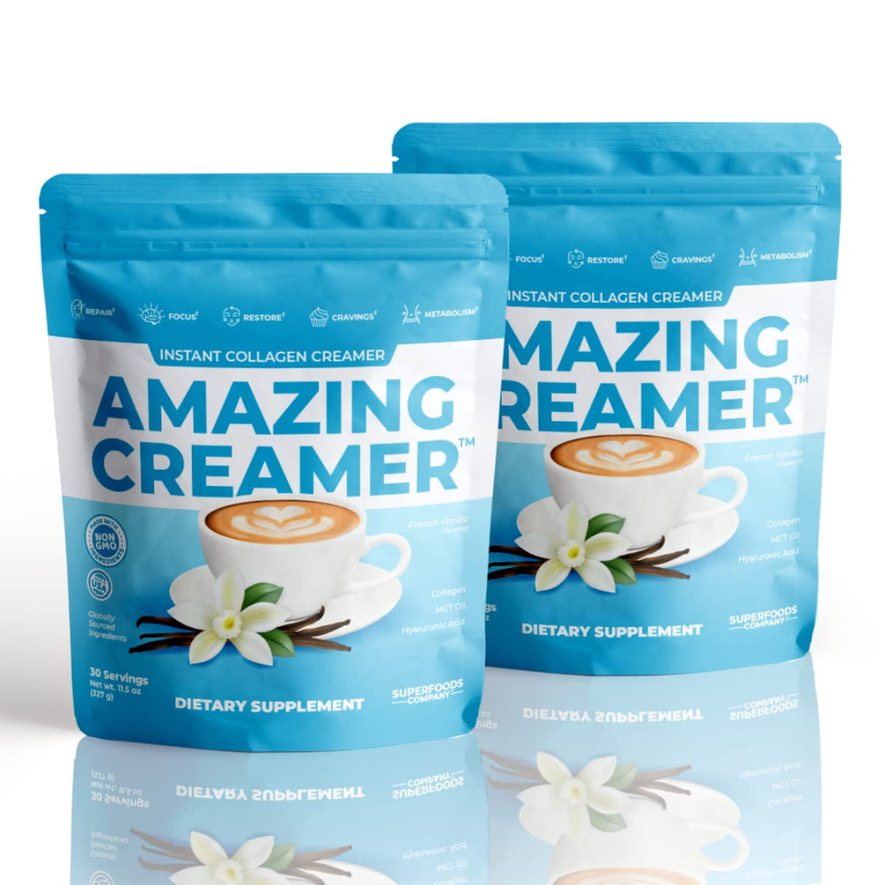 Superfoods Company Amazing Creamer vanilla pour highlights creamy texture and flavor benefits