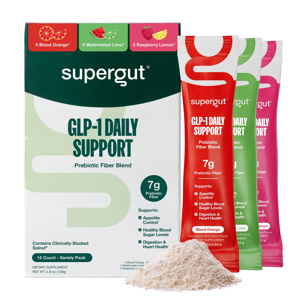 Supergut GLP-1 Daily Support variety pack box facilitates daily dosing.