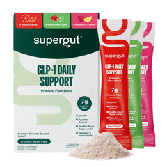 Supergut GLP-1 Daily Support variety pack box facilitates daily dosing.
