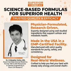 Superior Formulas SENOLYTIC+ bottle label highlights a physician-formulated wellness blend.